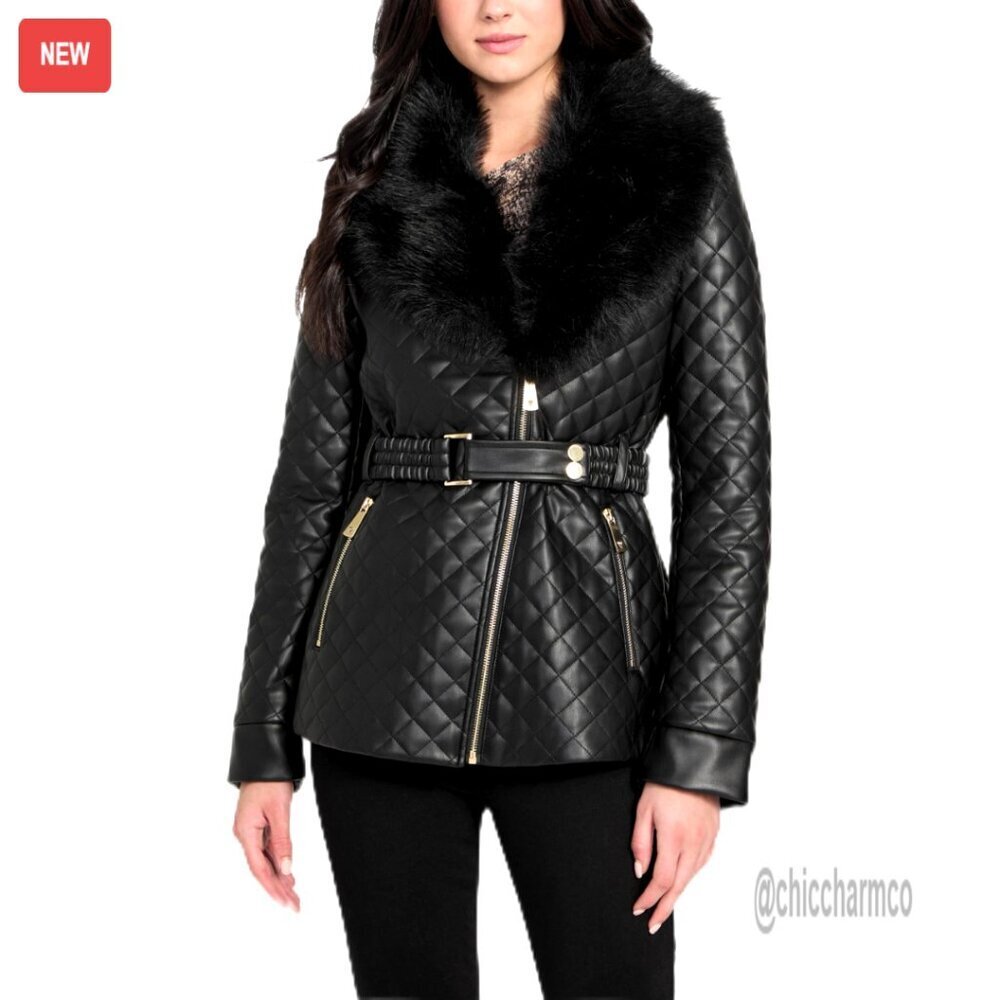 Faux Leather Jacket Quilted Mid-Length Biker Style Removable Fur Collar Belt
